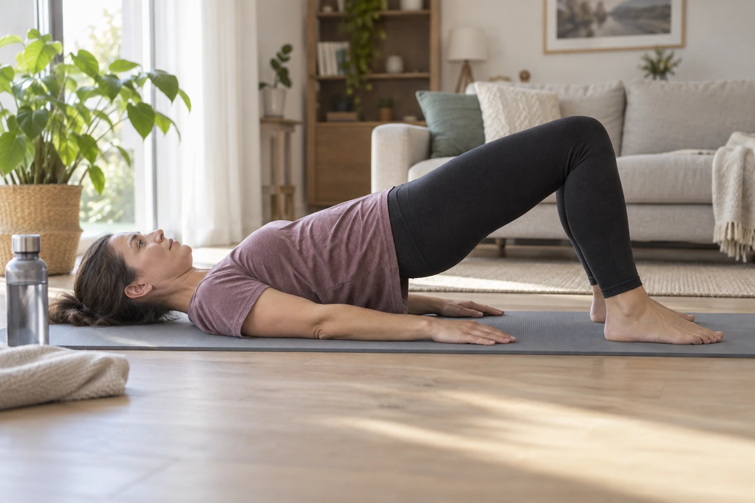 Femme allongée sur tapis, pont fessier relevé, mains au sol, salon lumineux