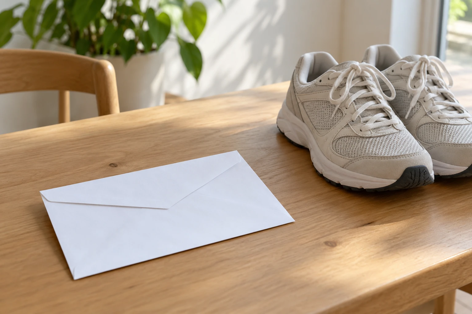 Enveloppe fermée posée sur table en bois à côté d'une paire de baskets blanches
