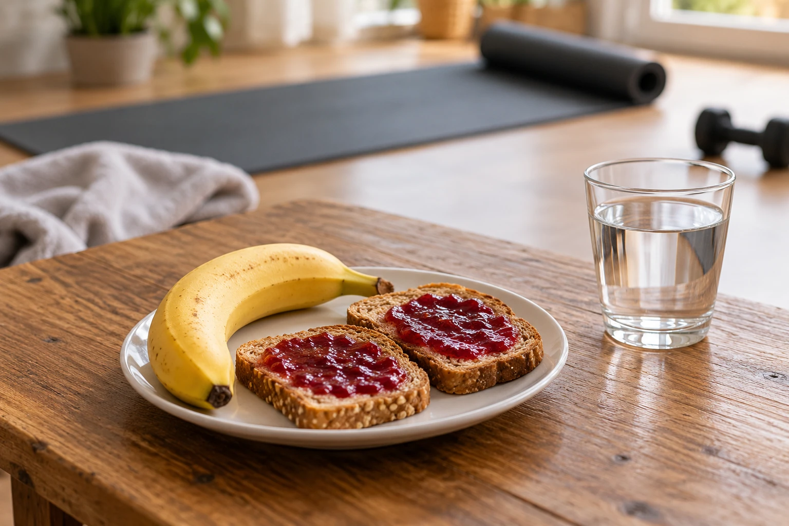 Assiette avec deux tartines à la confiture, banane et verre d'eau près d'un tapis de yoga